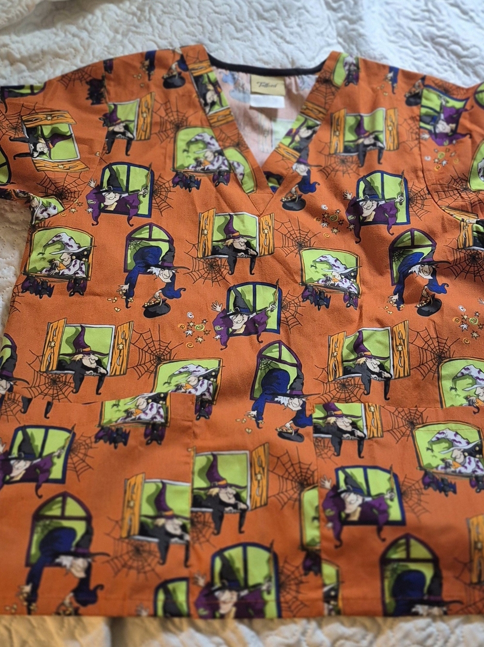 Tafford Halloween Witch Print Orange Scrub Top